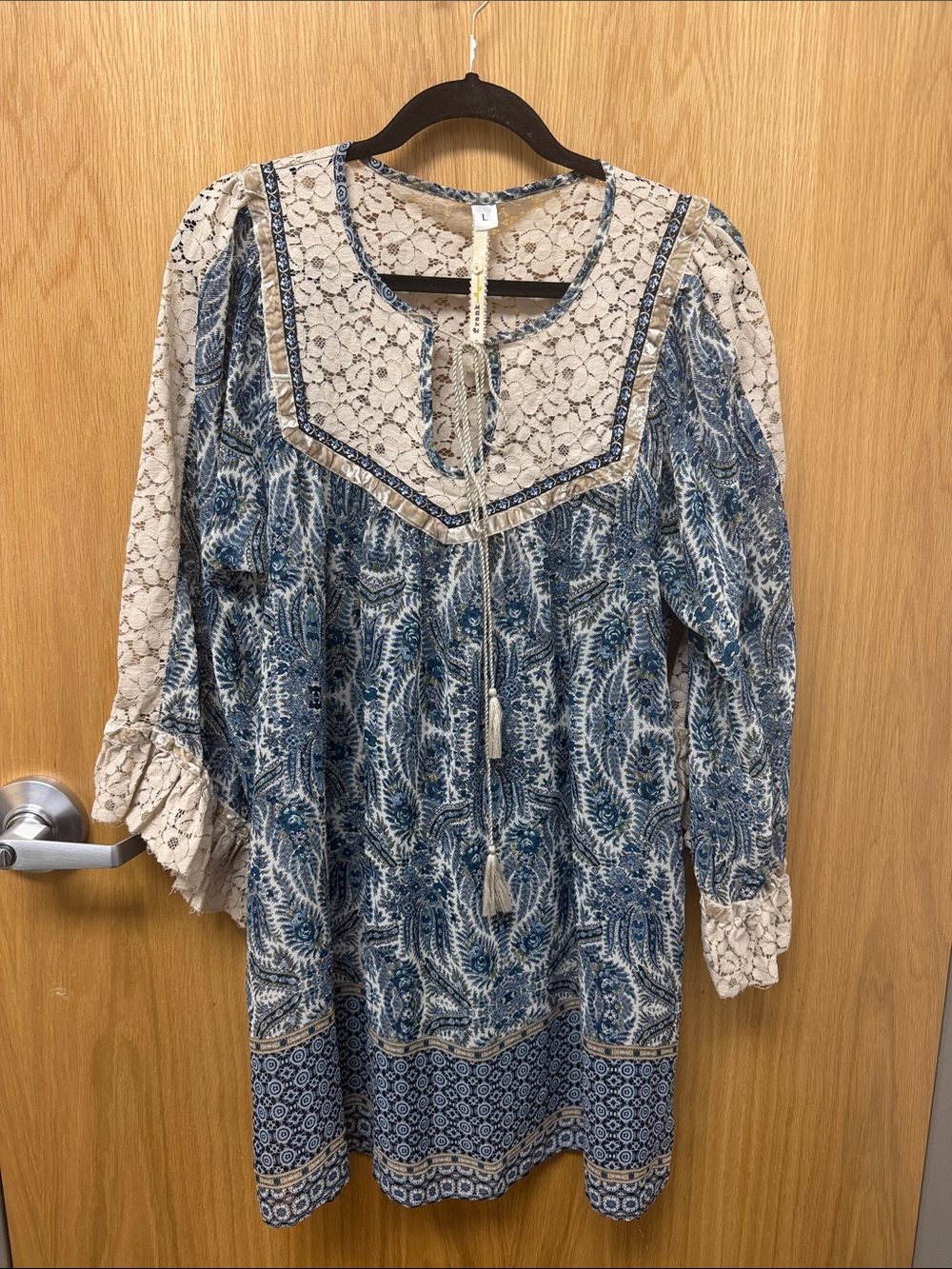 Uncle Frank Bohemian Blue Floral Lace-Yoke Long Sleeve Tunic Dress Size L